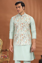 Sea Green Silk Printed Kurta Pajama with Jacket